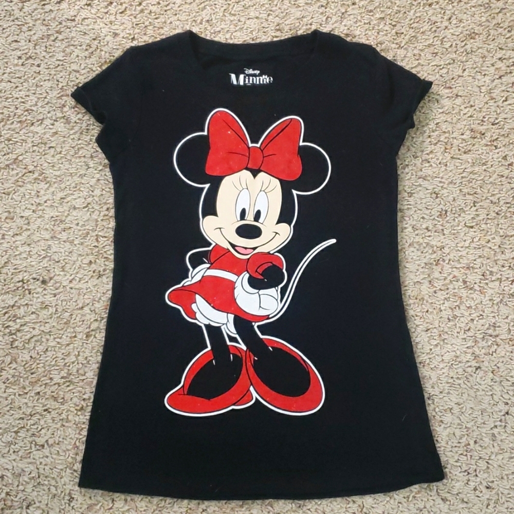 Disney Minnie Mouse Tee, Black with Red Glitter, Size M (7/8)
